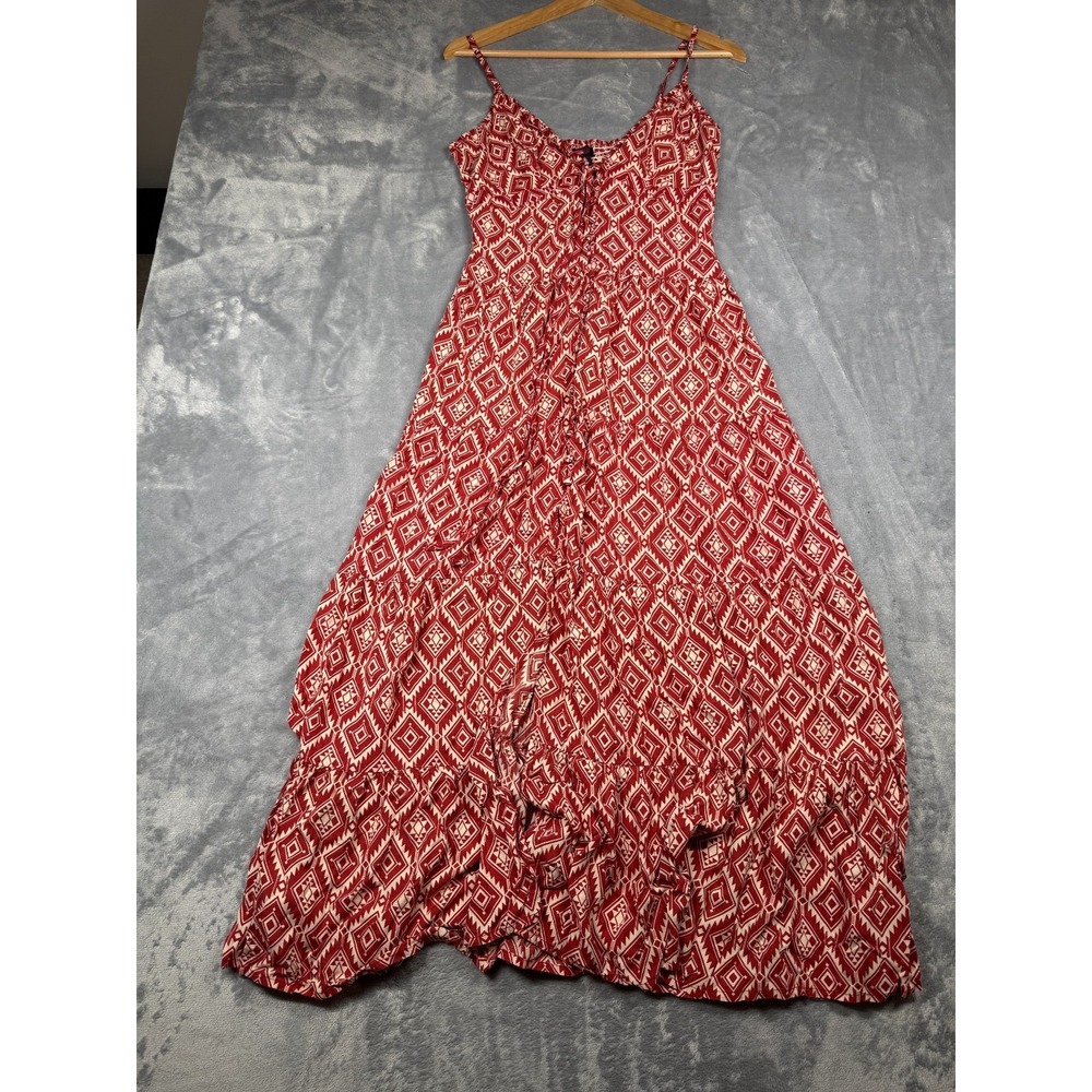 Rock & Roll Denim Maxi Dress Womens M Red White Geometric Tiered Ruffle Tie Neck